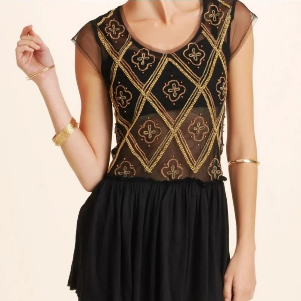 FREE PEOPLE‎ black beaded sheer holiday to India peplum top tinic XS